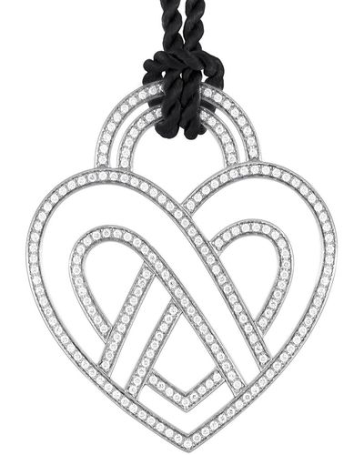 Poiray Large 18k White Gold Diamond Heart Pendant & Black Cord Necklace Ppc8952 - Metallic