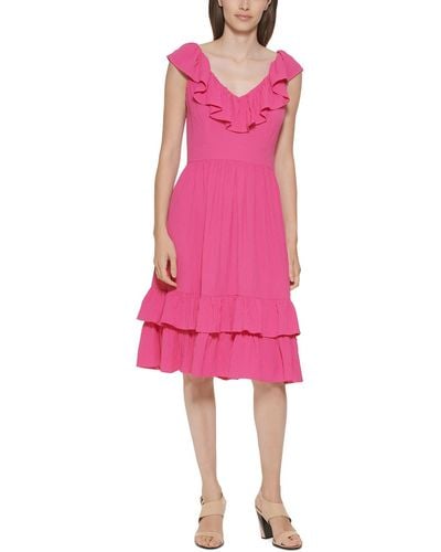 Calvin Klein Ruffled V-neck Fit & Flare Dress - Pink