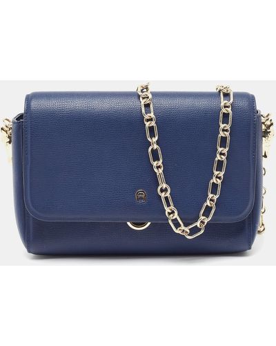 Aigner Navy Leather Flap Chain Shoulder Bag - Blue