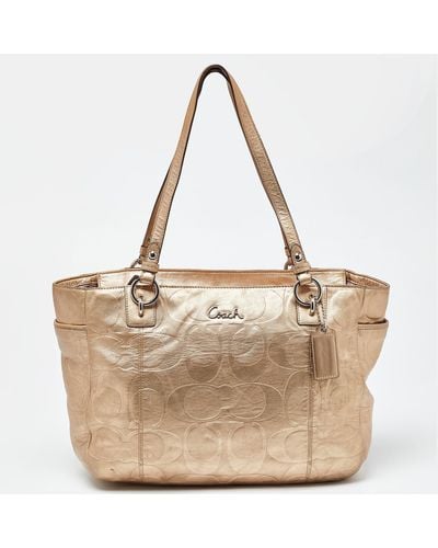 COACH Signature Embossed Leather East West Gallery Tote - Natural