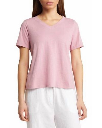 Eileen Fisher Slubby Organic Cotton Jersey V-neck Short Sleeve Shirt In Magnolia - Pink