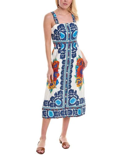 FARM Rio Flower Tapestry Button Front Linen Midi Dress - Blue
