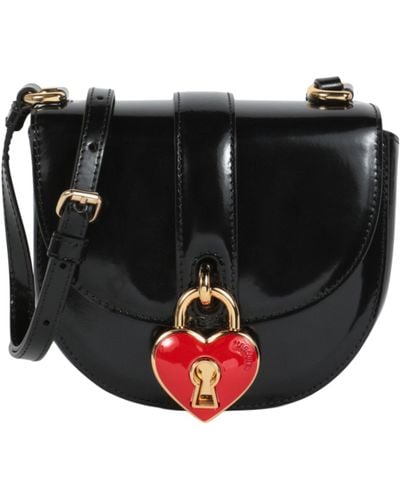 Moschino Heart Lock Patent Leather Shoulder Bag - Black