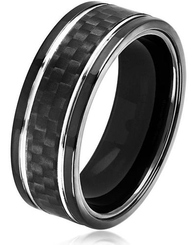 Crucible Jewelry Crucible Los Angeles Plated Stainless Steel Carbon Fiber Silver Grooved Comfort Fit Ring - Black