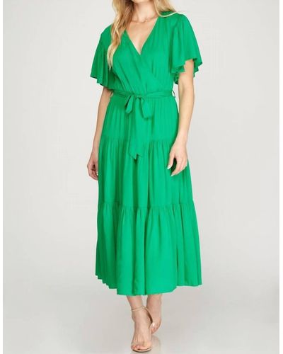 She + Sky Tiered Maxi Dress With Flutter Sleeve - Green