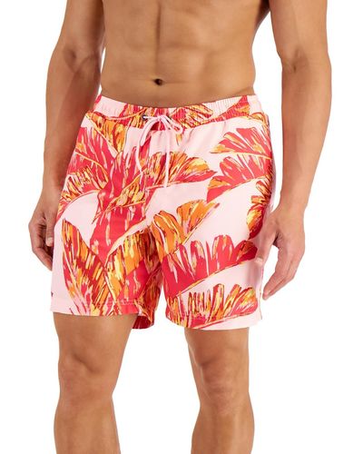 Club Room Tropical Leaves Woven Printed Swim Trunks - Red