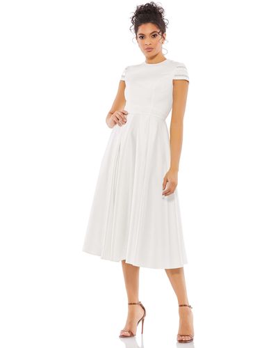 Ieena for Mac Duggal High Neck Cap Sleeve Tea Length Dress - White
