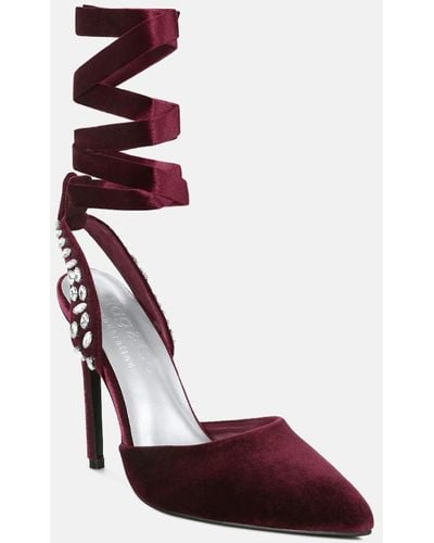 Rag & Co Wallis Burgundy Diamante Embellished Tie Up Stiletto Sandals - Red