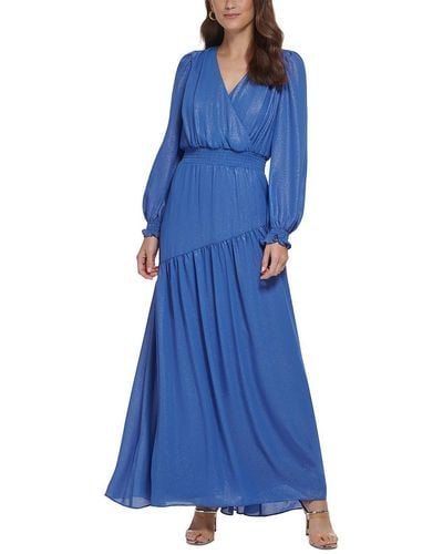 DKNY Smocked Long Evening Dress - Blue