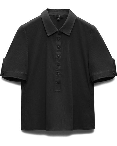 Rag & Bone Ribbed Mixed Media Short Sleeve Polo - Black