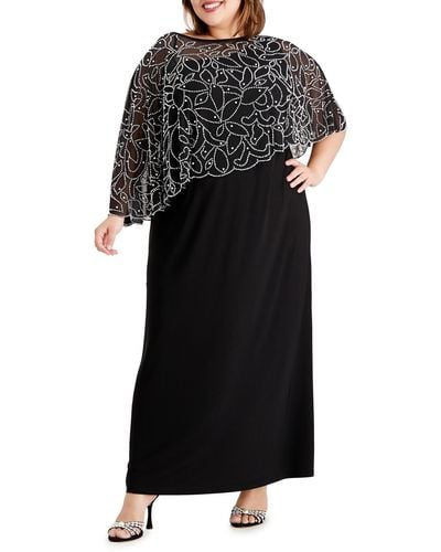 Msk Plus Knit Cape Sleeves Evening Dress - Black