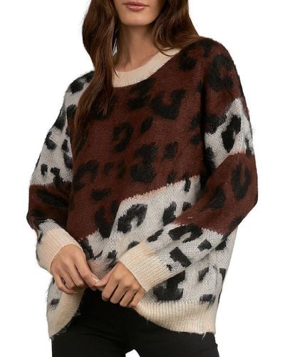 Elan Leopard Print Crewneck Pullover Sweater - Black