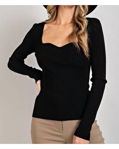 Eesome Sweetheart Ribbed Knit Fitted Sweater - Black