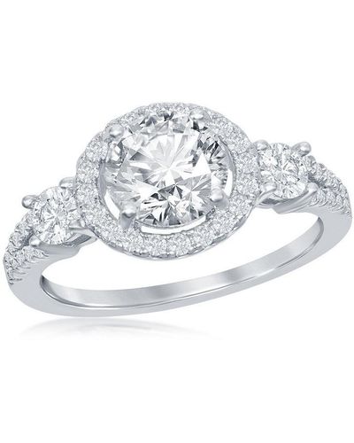 Simona Sterling Round Cz Halo With Side Stones Open Band Engagement Ring - Metallic