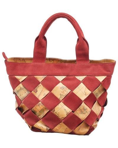 Alviero Martini 1A Classe Beige/ Geo Print Woven Coated Canvas And Suede Tote - Red