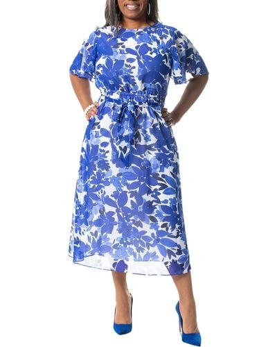 Kasper Floral Print Calf Midi Dress - Blue