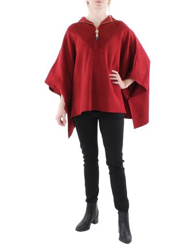 Anne Klein Ribbed Trim Tunic Poncho Sweater - Red