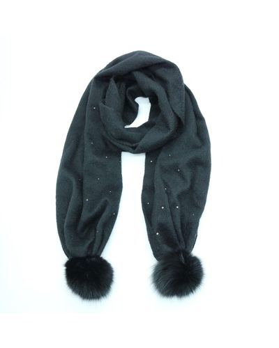 Portolano Cashmere Scarf With Fox Fur Poms And Crystals - Blue