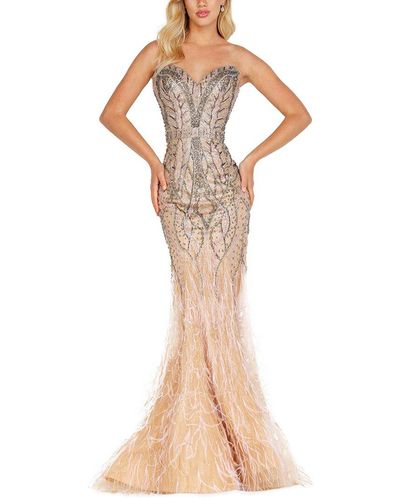 Terani Strapless Sweetheart Beaded Bodice Feather Dress - Natural