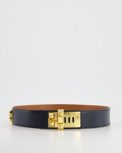 Hermès Hermes Navy Collier De Chien Leather Belt With Gold Hardware - White