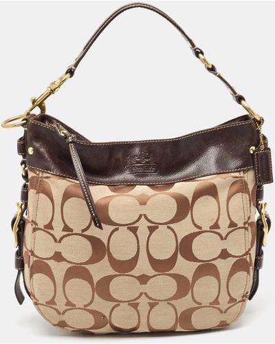 COACH /beige Signature Canvas And Leather Buckle Hobo - Brown