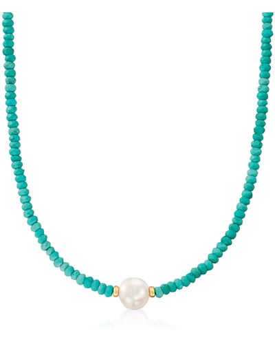 Ross-Simons 11.5-12.5mm Cultured Pearl And 4-5mm Turquoise Bead Necklace - Blue