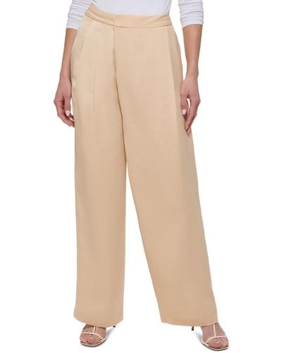 DKNY Plus High Rise Pleated Wide Leg Pants - Natural