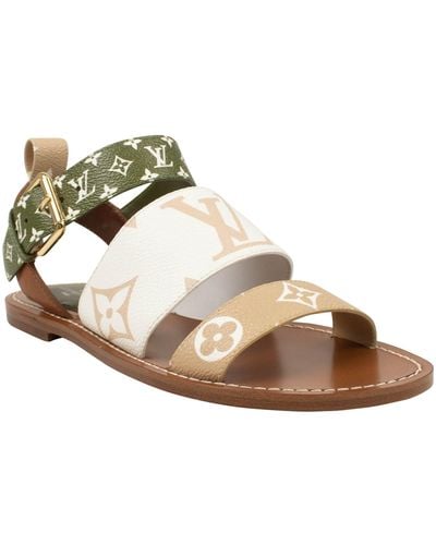 Louis Vuitton Green And White Grained Leather Monogram Sandals - Metallic