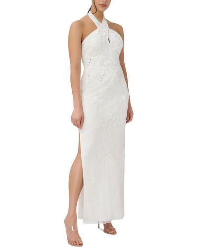 Adrianna Papell Plus Halter Neck Slit Evening Dress - White
