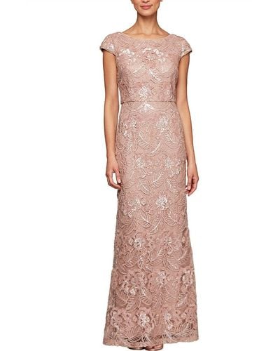 Alex Evenings Long Embroidered Gown With Cap Sleeves - Multicolor