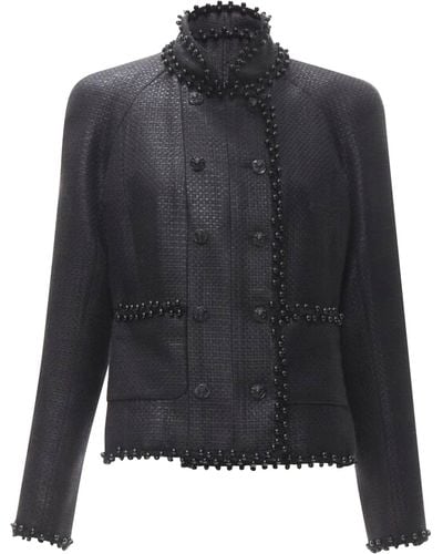 Chanel Lattice Lacquered Tweed Bead Embellished Lion Cc Button Jacket Fr42 L - Blue