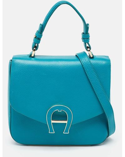 Aigner Leather Logo Flap Top Handle Bag - Blue