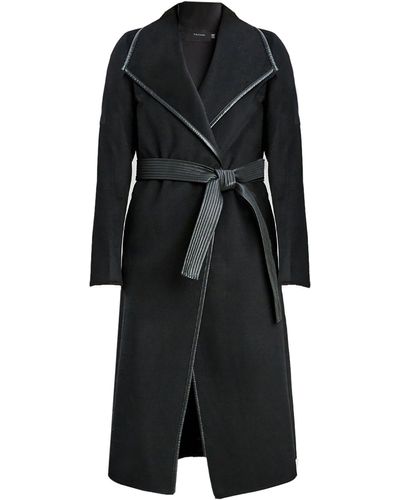 T Tahari Tahari Black Juliette Double Face Wool Belted Coat With Faux Leather Trim