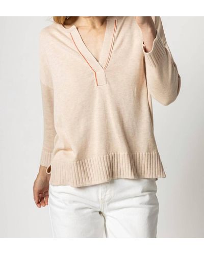 Lilla P 3/4 Sleeve Split Neck Sweater - Natural
