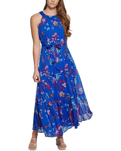 Calvin Klein Petite Floral-print Belted Tiered Halter Maxi Dress - Blue