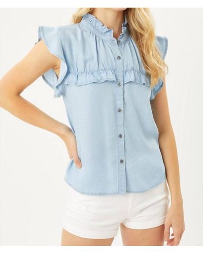 Love Tree Woven Solid Ruffle Neck Button Front Blouse - Blue