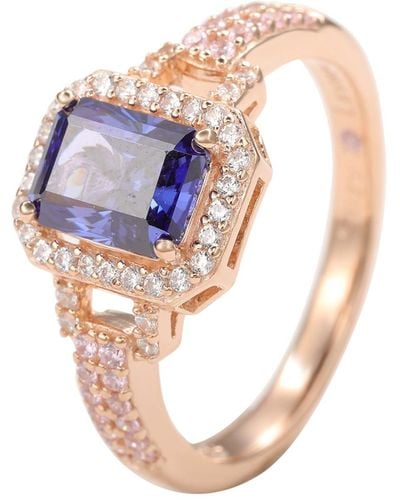 Suzy Levian Rose Sterling Silver Emerald-cut Tanzanite Pink Cubic Zirconia Halo Ring - Blue