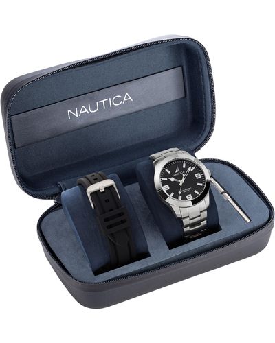 Nautica Pacific Beach Stainless Steel And Silicone Watch Box Set - Blue