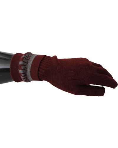 John Galliano Maroon Elastic Wrist Length Mitten Designer Logo Gloves - Black