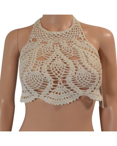 MINKPINK Dreamweaver Halter Tie Strap Crochet Bikini Top - Brown