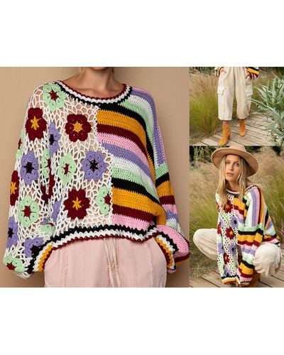 Pol Hand Knit Sripe & Flower Sweater In Multi - Black