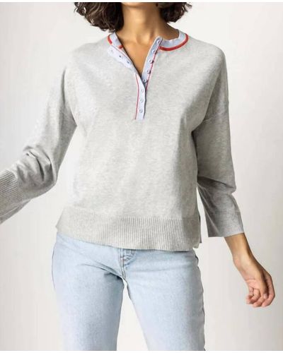 Lilla P Contrast Trim Henley Sweater - Gray