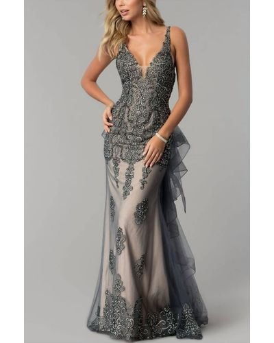 Jovani Long Embroidered Open-back Prom Dress - Gray