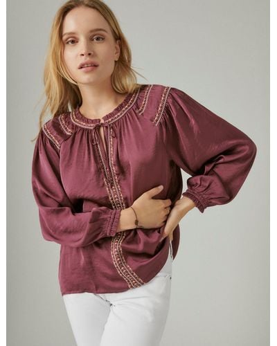 Lucky Brand Embroide Satin Peasant Top - Red
