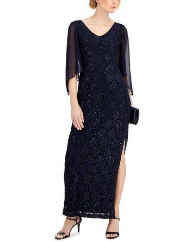 Connected Apparel Lace Long Evening Dress - Blue
