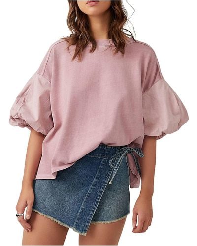 Free People Puff Sleeve Solid Blouse - Red