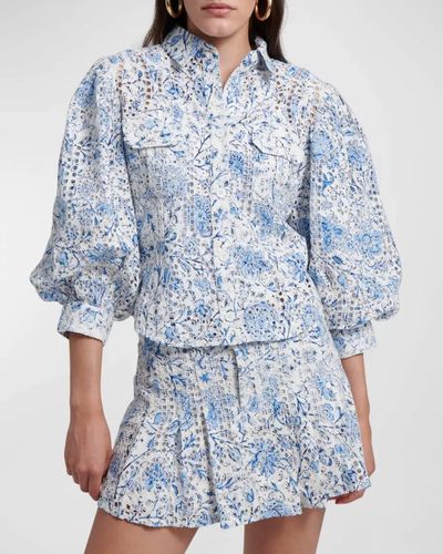 Love The Label Sula Top In Shira Blue Printed Eyelet