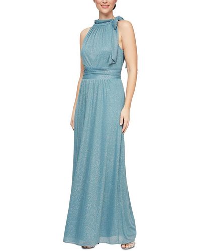 SLNY Petites Bow Neck Glitter Evening Dress - Blue