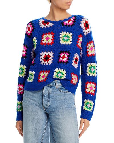 Aqua Cashmere Crochet Crewneck Sweater - Blue
