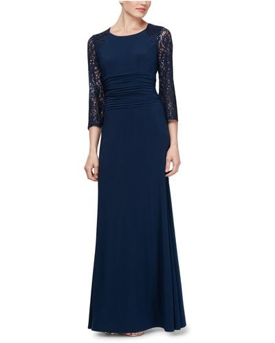 SLNY Petites Lace Sleeves Long Evening Dress - Blue